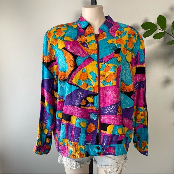 Vintage Farini Art Deco Funky Retro Zip Up Jacket Lightweight Neon 80s 90s - Picture 1 of 8